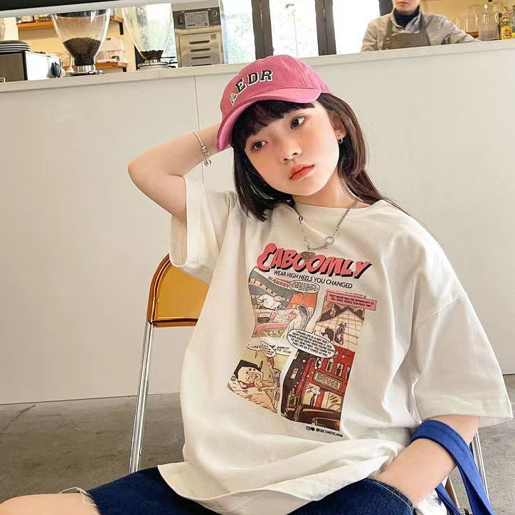 Summer girls' t-shirt  new Hong Kong style cartoon American style middle-length tide half-sleeve fashion middle-aged children's t-shirt girl