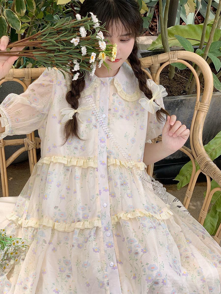 Fresh small flower print dress female summer  new puff sleeve doll collar wood ear stitching floral skirt