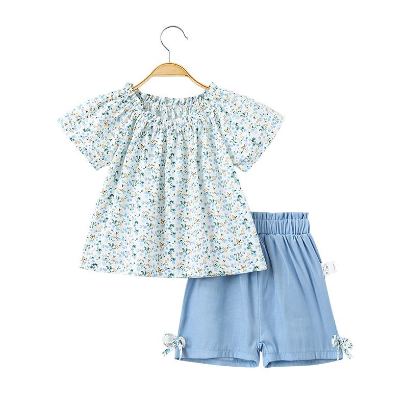 Children's clothing baby foreign style suit summer baby cotton shirt denim shorts girls summer floral children's clothes