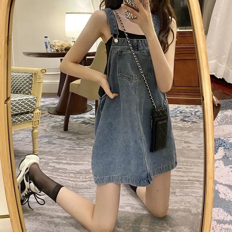 大碼女裝夏季新款連衣裙女胖mm寬鬆顯瘦減齡吊帶裙牛仔背帶短裙子