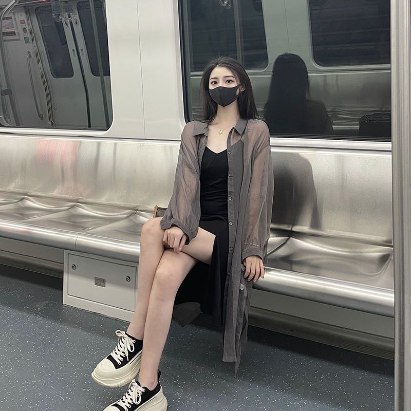  new suspender dress fashion cardigan long sunscreen clothes sweet spicy black suspender skirt two piece suit summer