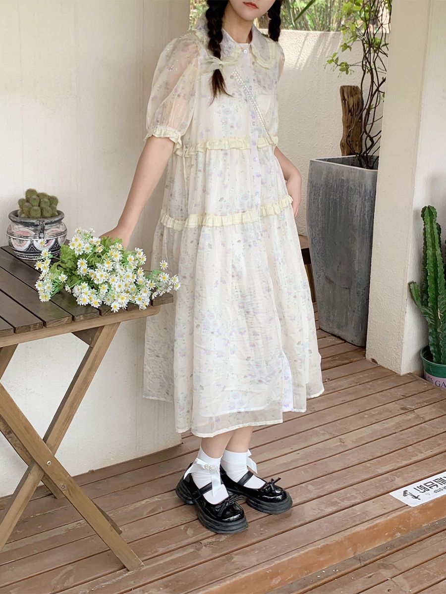 Fresh small flower print dress female summer  new puff sleeve doll collar wood ear stitching floral skirt