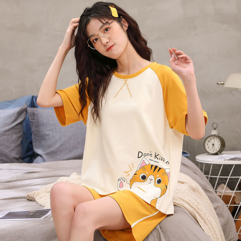 100% cotton pajamas women's summer thin short sleeve shorts cute cartoon summer student loose fitting home clothes can be worn outside