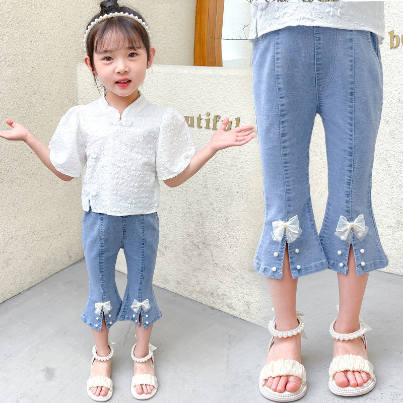 Girls' Denim Capris summer thin 2022 new little girls' foreign style versatile split bell bottoms Capris