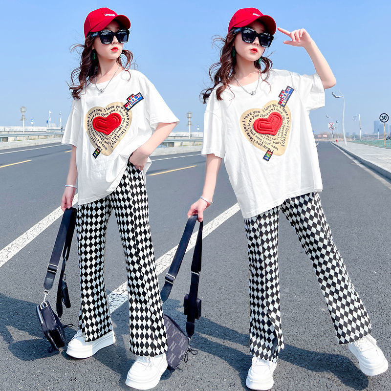 女童套裝夏季2022新款網紅中大兒童炸街棋盤格時髦洋氣休閒闊腿褲
