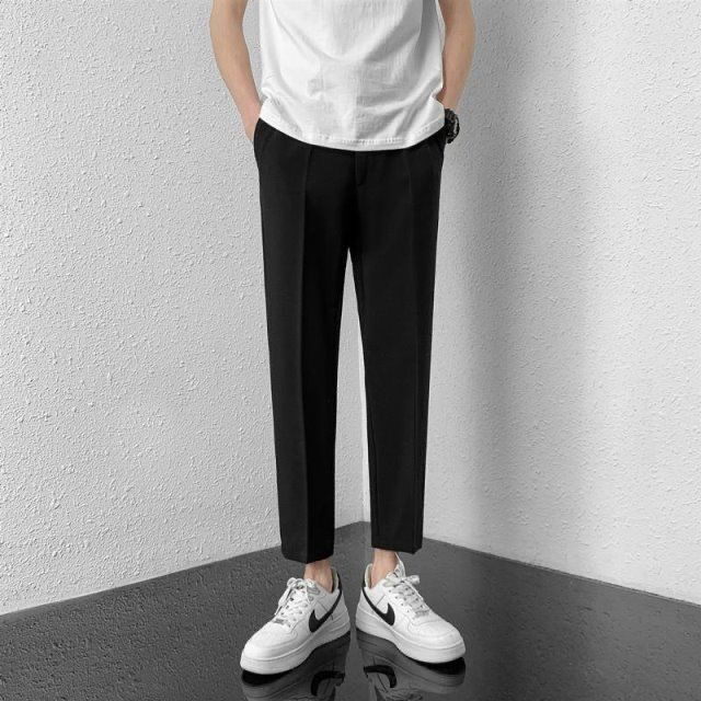 Casual straight trousers men's non-ironing nine-point trousers male students spring and autumn trend Hong Kong style loose wide-leg trousers