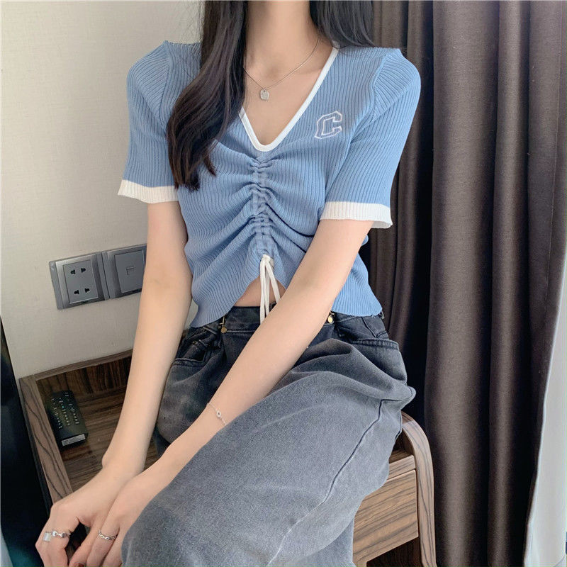 夏季年新款韩版设计感V领抽绳短袖针织打底衫T恤女洋气上衣潮