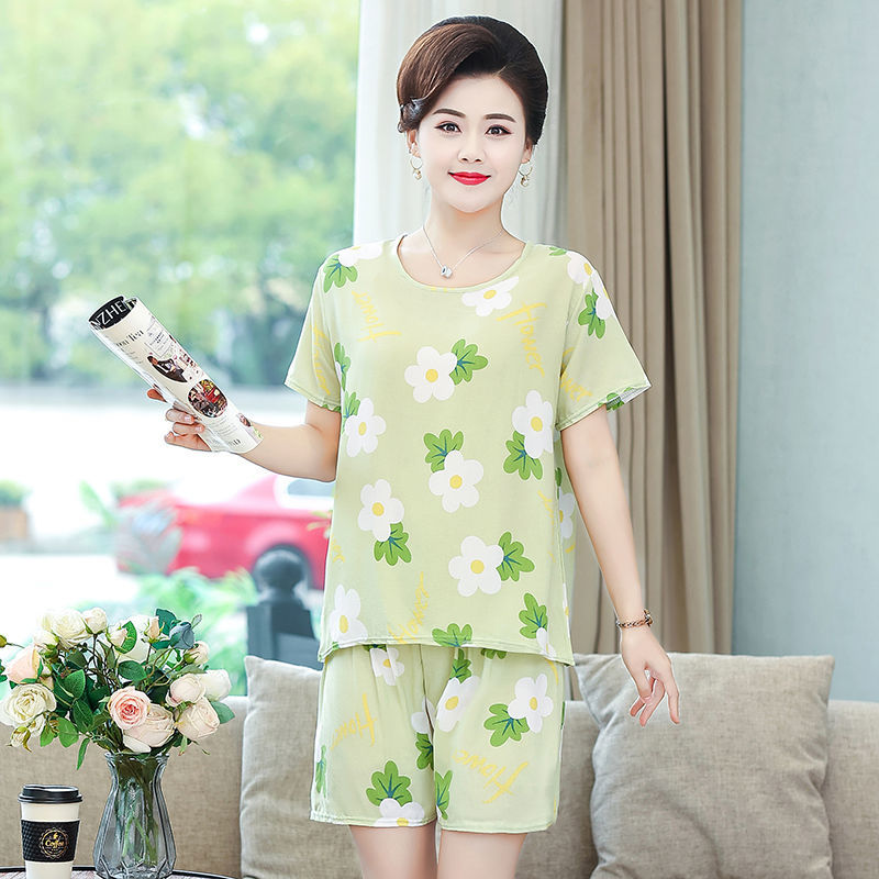 Summer new women's cotton silk pajamas middle-aged and elderly short-sleeved shorts artificial cotton two-piece set large size home service suit
