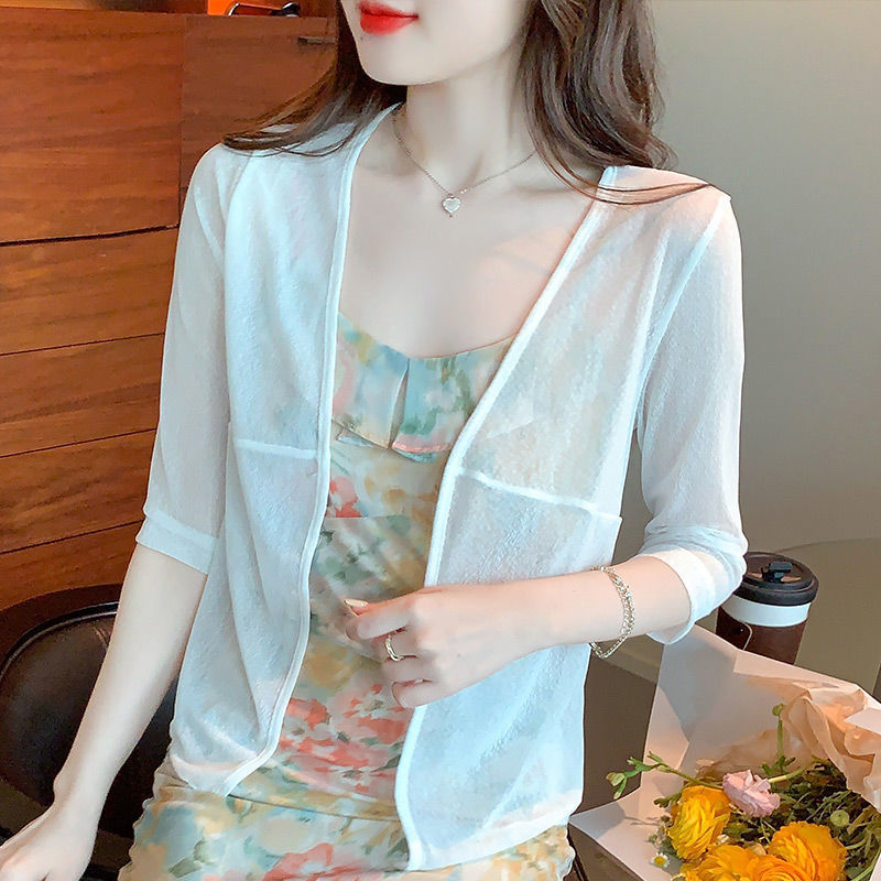 Cardigan women's thin short coat spring and summer mesh shawl seaside vacation sun protection clothing temperament chiffon small outer wear for women