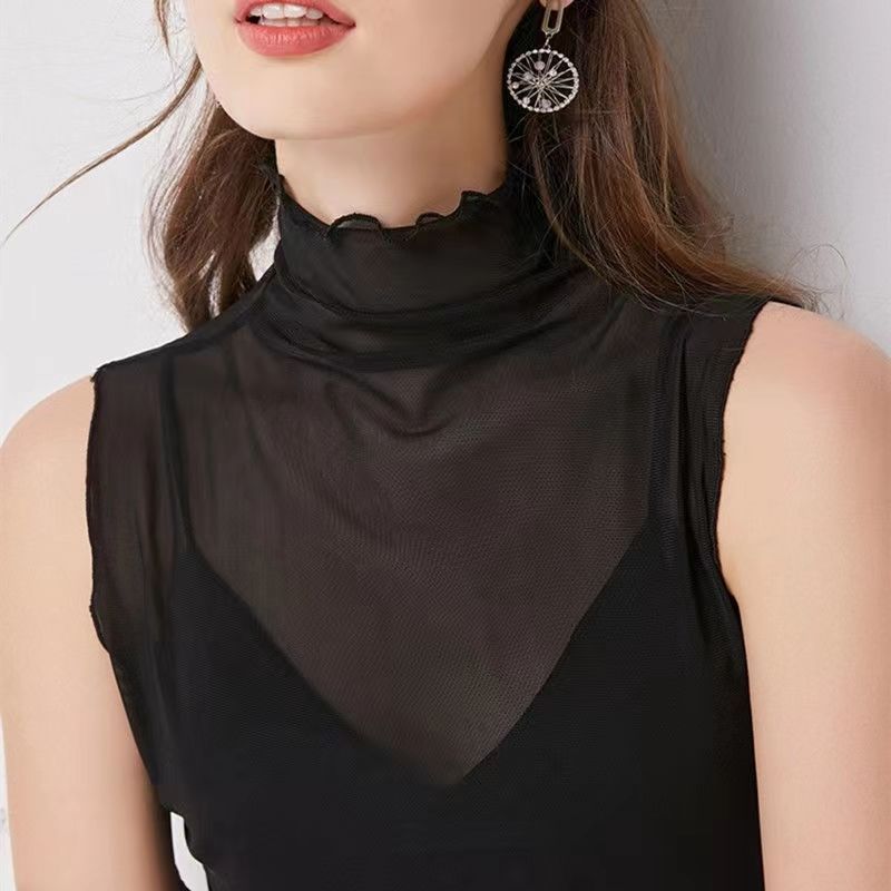 秋微透視網紗打底衫女配毛衣假領子高領內搭緊身薄紗百搭罩衣上衣