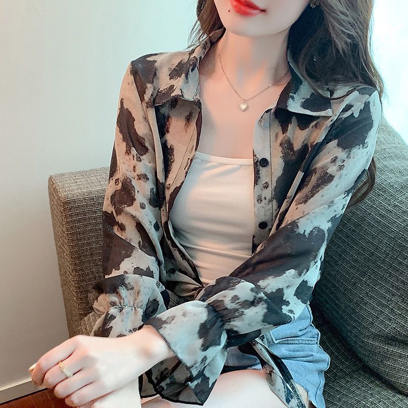 春夏女新款襯衫網紅復古港味豹紋印花襯衣韓版百搭款長袖襯衫上衣