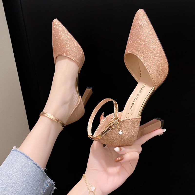 2023 spring new rhinestones French buckle high-heeled shoes women's stiletto hollow pointed single shoes temperament wedding shoes