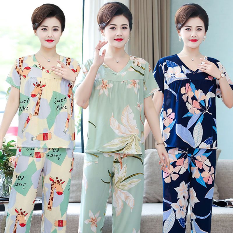 Summer women's cotton silk pajamas middle-aged mother large size V-neck artificial cotton home service two-piece short-sleeved trousers suit