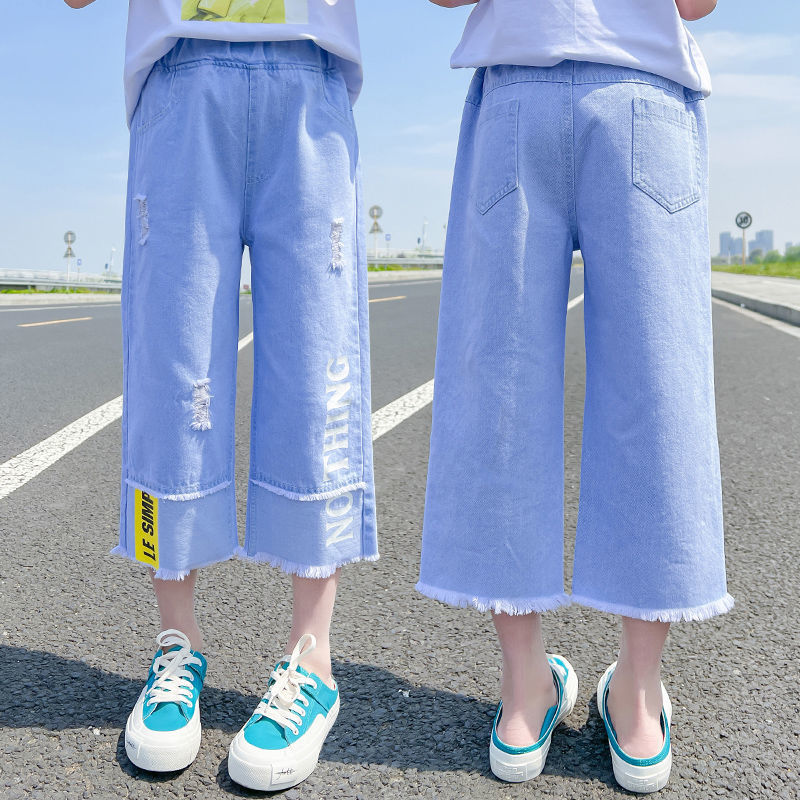 女童夏季牛仔褲七分褲2023新款中大童闊腿褲夏裝女孩兒童褲子薄款