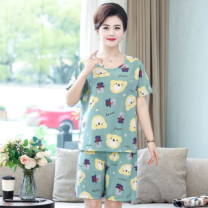 Summer new women's cotton silk pajamas middle-aged and elderly short-sleeved shorts artificial cotton two-piece set large size home service suit