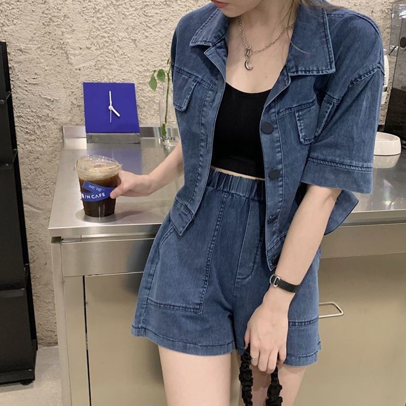套裝女外套闊腿褲2022牛仔短褲夏韓版洋氣減齡顯瘦小個子兩件套裝