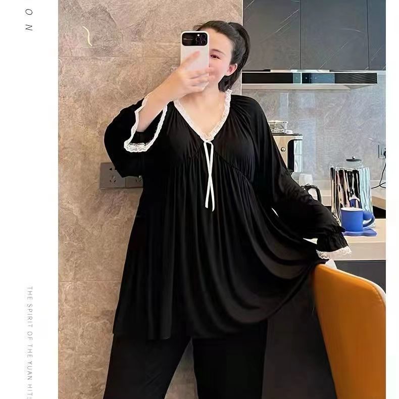 Large size oversized 300 catties long-sleeved two-piece pajamas fat MM loose belly cover thin lace pure desire suit for outerwear