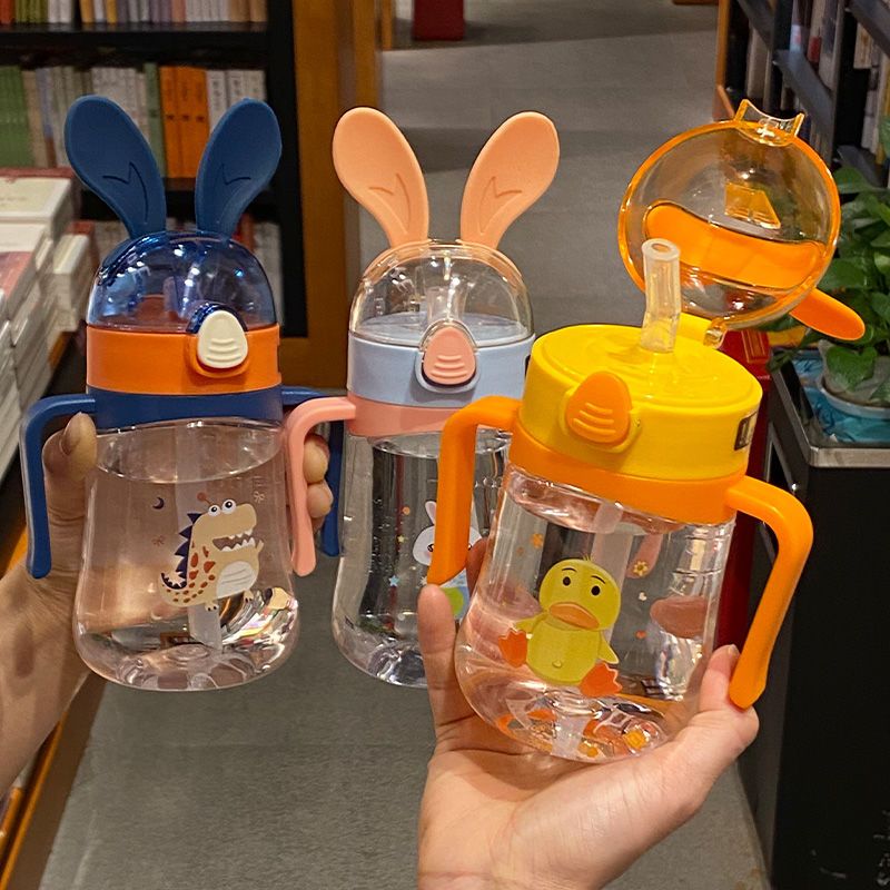 夏天儿童吸管水杯带手柄卡通兔子可爱杯子宝宝便携防摔塑料学饮杯