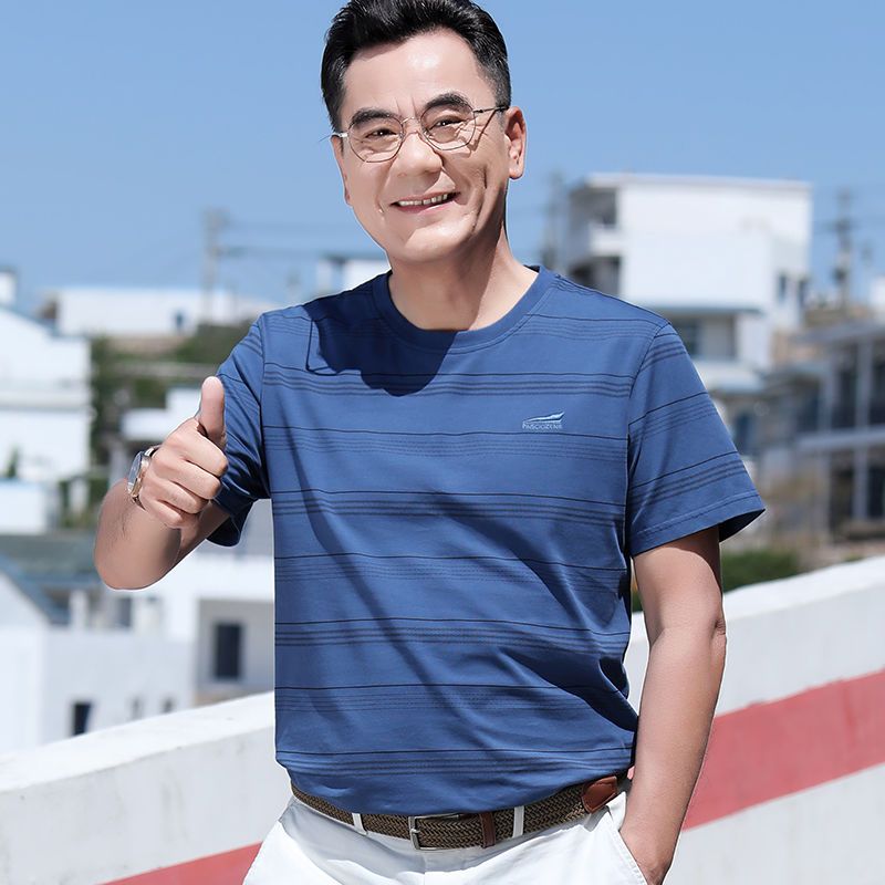 爸爸夏裝短袖棉t恤薄款圓領上衣商務休閒中老年男士體恤衫40歲50