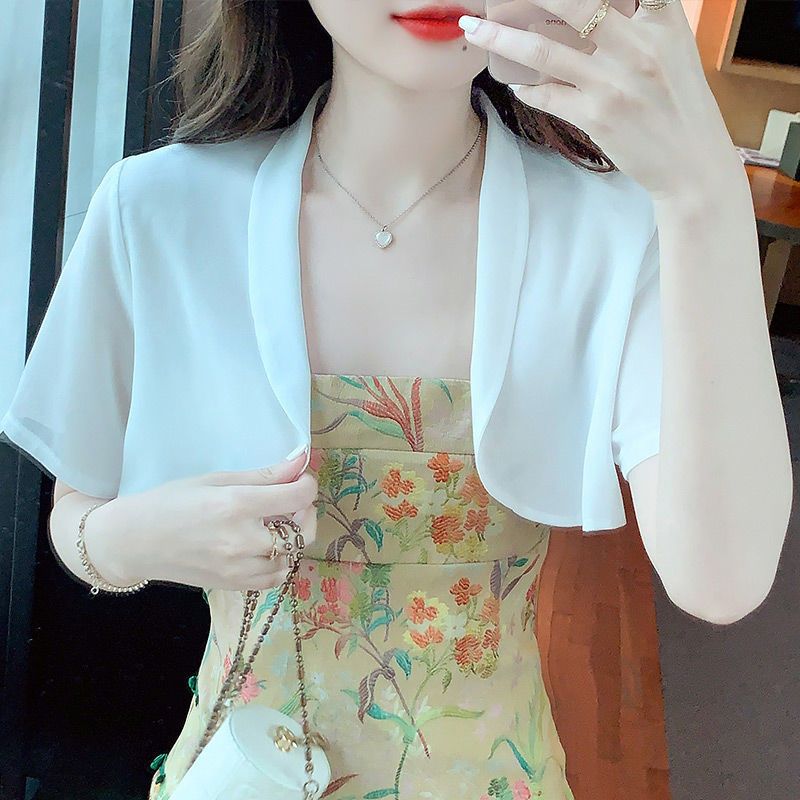 防曬開衫女2023夏季新款百搭短袖雪紡披肩外套大碼配裙子坎肩外搭