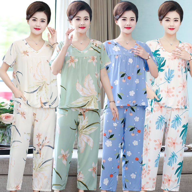 Cotton silk pajamas women's summer middle-aged large size thin section home service two-piece set mother artificial cotton short-sleeved trousers suit
