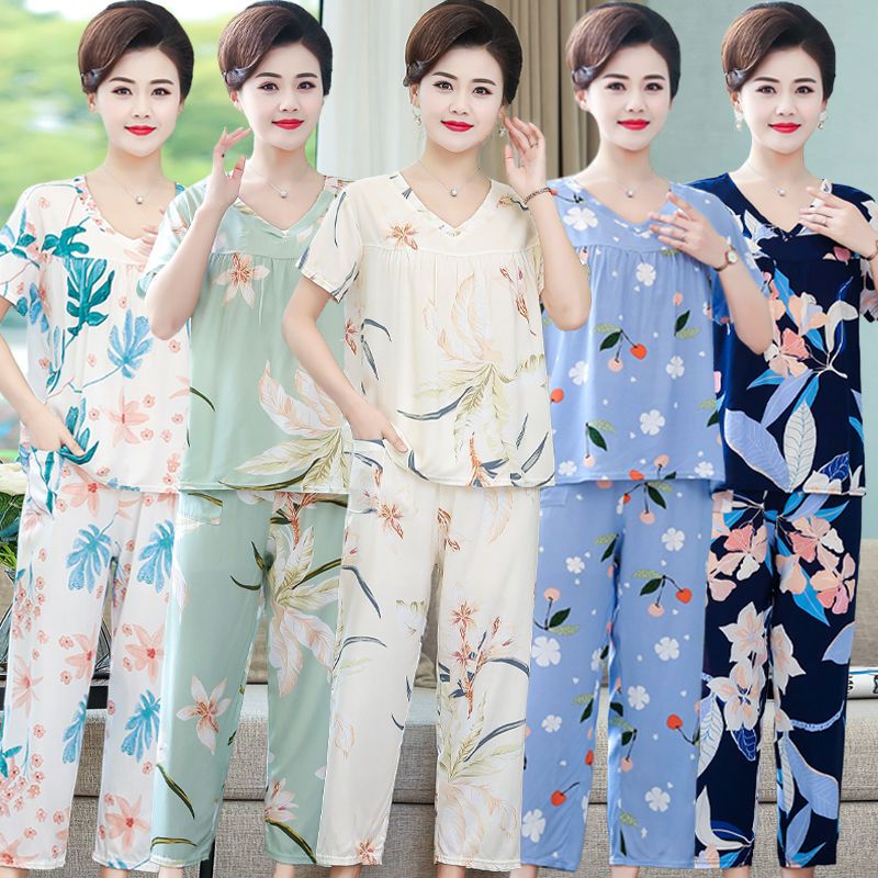 Summer women's cotton silk pajamas middle-aged mother large size V-neck artificial cotton home service two-piece short-sleeved trousers suit