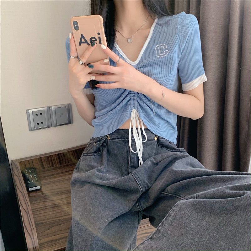 夏季年新款韩版设计感V领抽绳短袖针织打底衫T恤女洋气上衣潮
