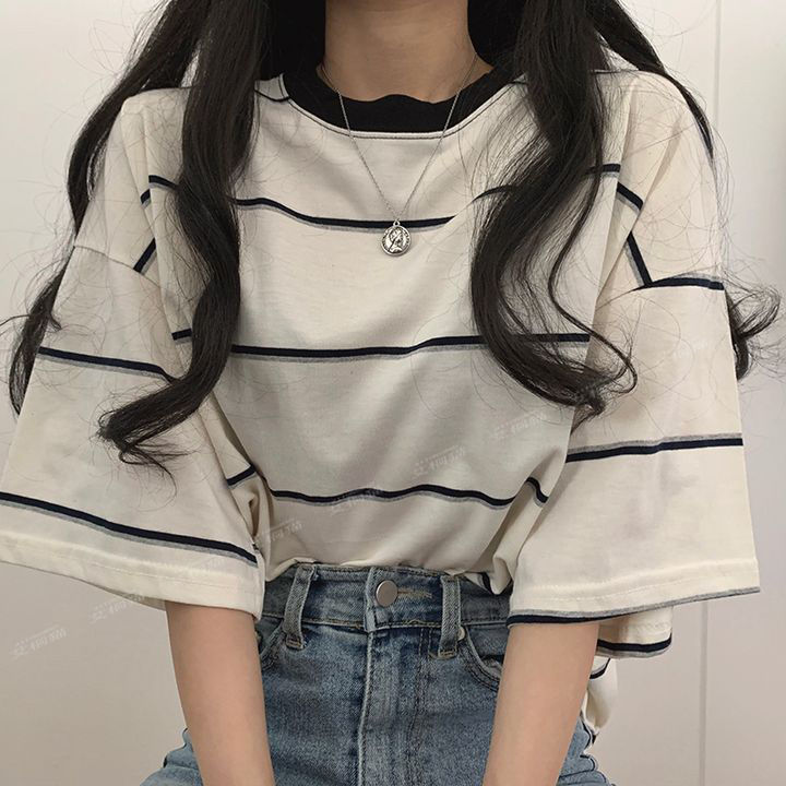 100%含棉条纹短袖t恤女2023年新款大码夏季韩版宽松设计感中长款