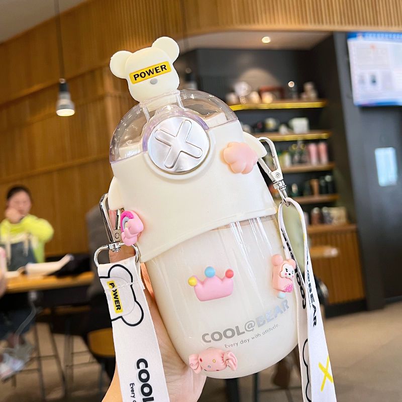 Cute energy bear children's water cup shattering straw cup primary school kindergarten portable baby plastic kettle