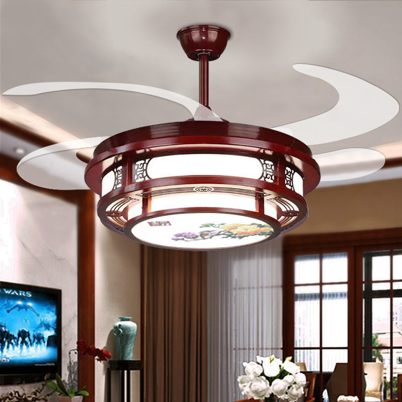 中式吊扇灯隐形风扇灯卧室中国风带电风扇饭厅餐厅家用红木吊灯具