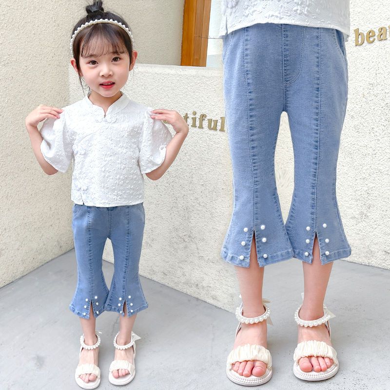 Girls' Denim Capris summer thin 2022 new little girls' foreign style versatile split bell bottoms Capris