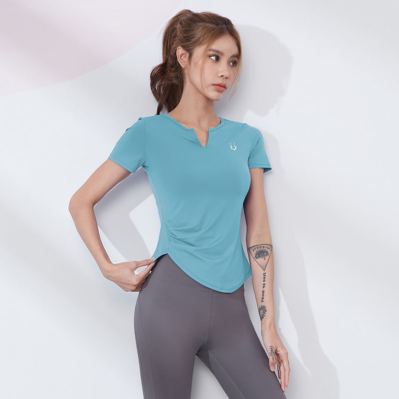 范斯蒂克 运动服女V领透气速干健身上衣户外跑步训练修身瑜伽短袖