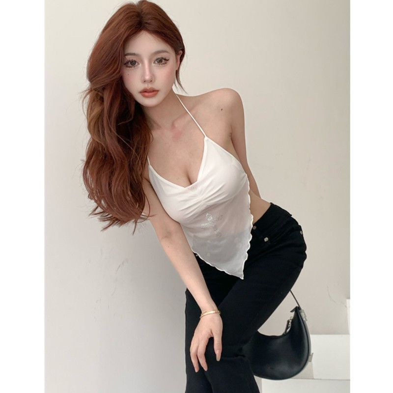 Irregular high-waist mesh hottie anti-exposure small suspender female summer pure desire sweet and spicy vest halter neck halter top