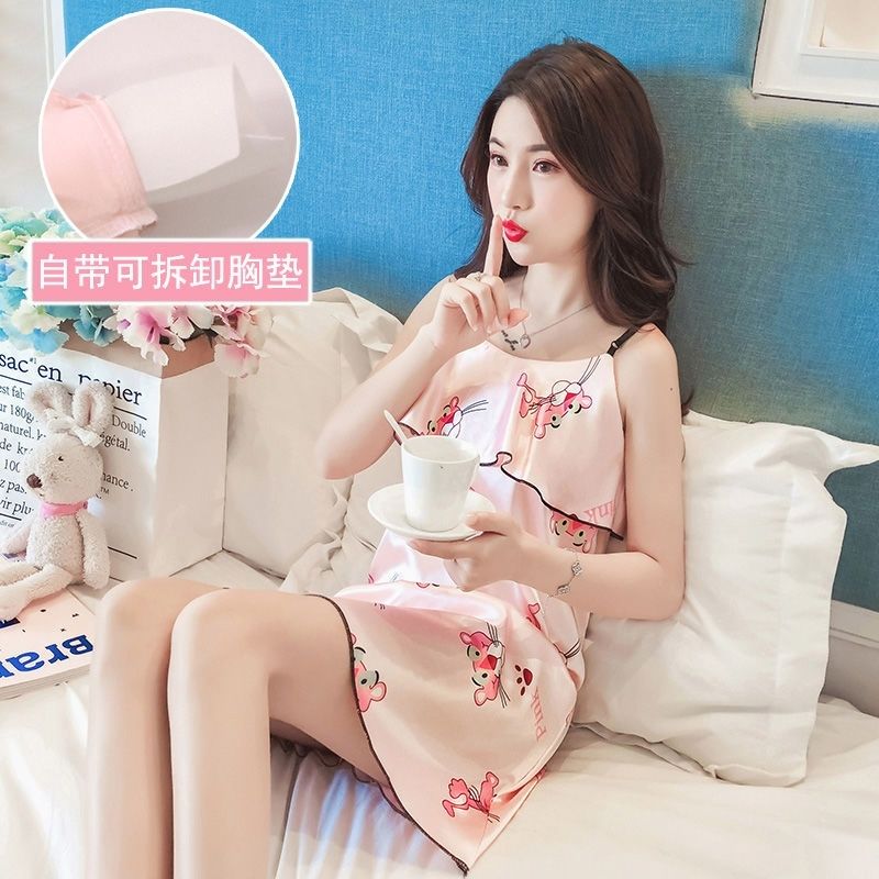 Pajamas women's summer Korean version of the fresh suspender skirt thin section student sweet ice silk home clothing can be worn outside with chest pad nightdress