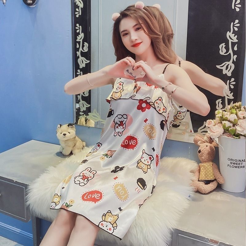 Pajamas women's summer Korean version of the fresh suspender skirt thin section student sweet ice silk home clothing can be worn outside with chest pad nightdress
