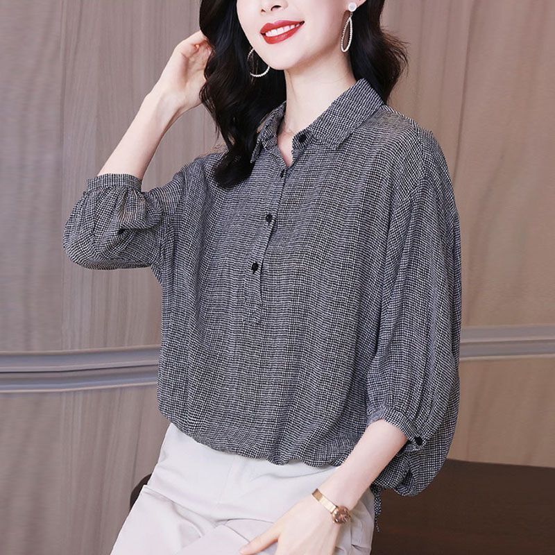 千鳥格寬鬆休閒襯衫女夏季新款七分袖小衫高檔洋氣遮肚顯瘦雪紡衫