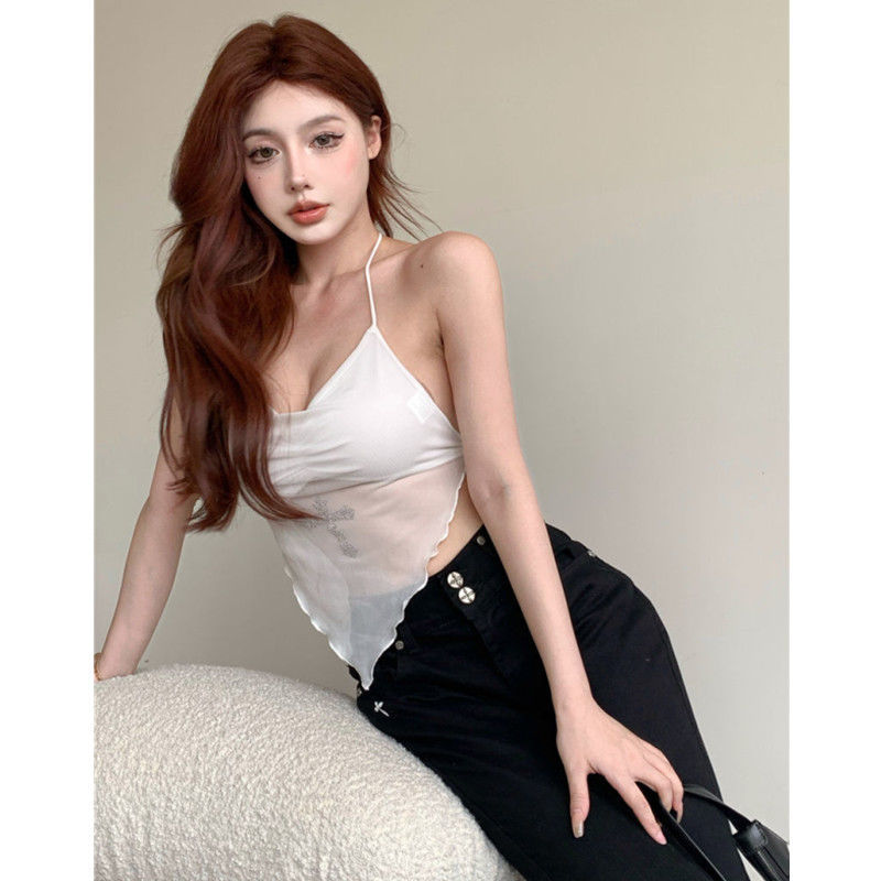 Irregular high-waist mesh hottie anti-exposure small suspender female summer pure desire sweet and spicy vest halter neck halter top