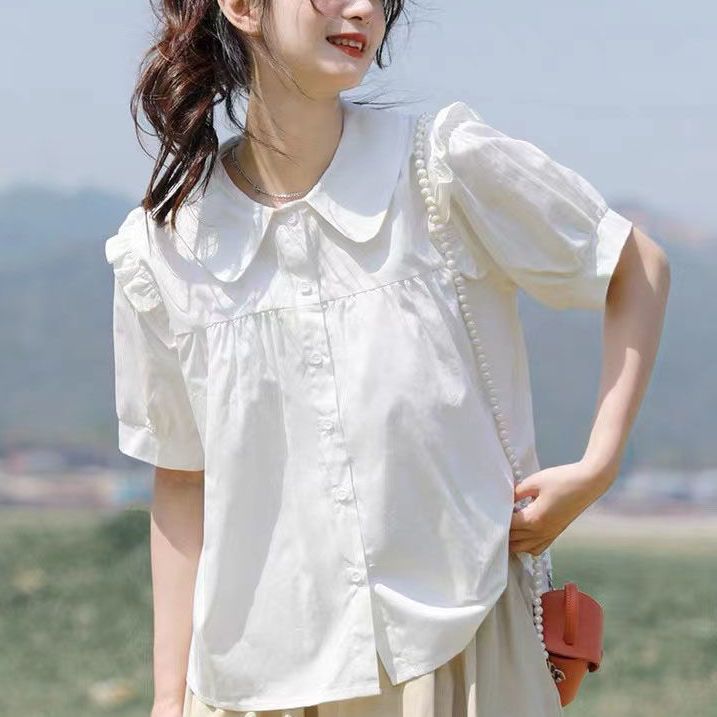 Doll collar white shirt female 2023 summer new design sense niche puff sleeve short-sleeved shirt all-match top