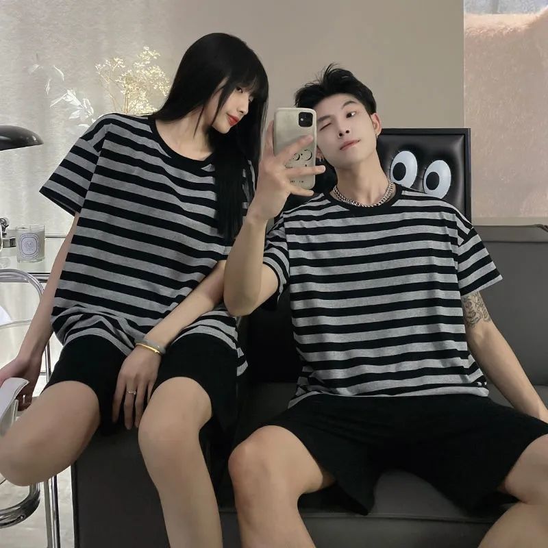 Couple pajamas women's summer men's striped short-sleeved 2022 new casual thin section can be worn outside the home service suit