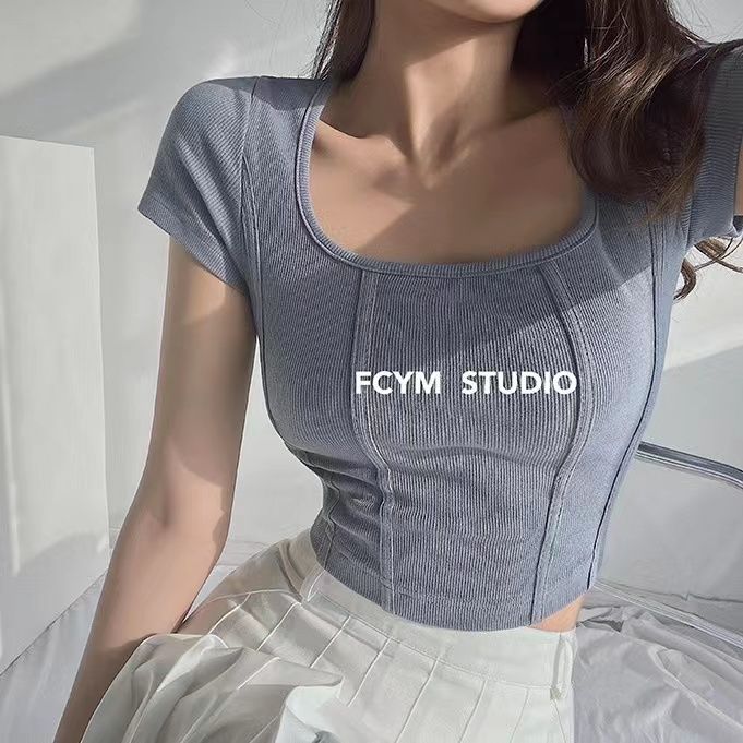 American retro fishbone short-sleeved women's summer new slim fit and thin short section navel square collar design hot girl waist waist top