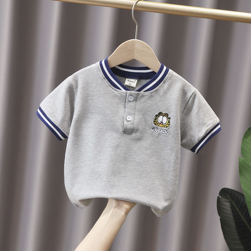 Cotton short-sleeved baby boy 2022 summer new embroidered Garfield polo shirt lapel top thin bottoming shirt