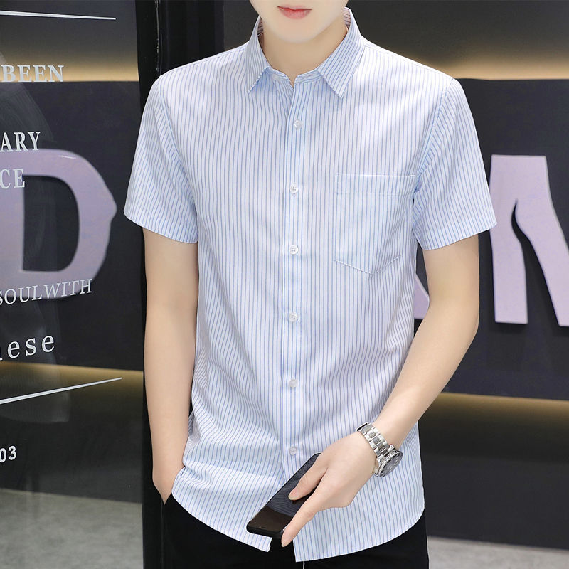 2023 summer new men's cool short-sleeved shirt Korean style trendy shirt with pocket men's striped collared shirt