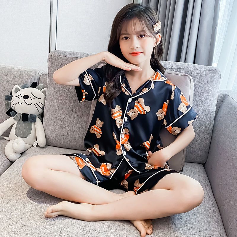 Girls ice silk pajamas set summer children's short-sleeved shorts summer home clothes little girl air-conditioning clothes