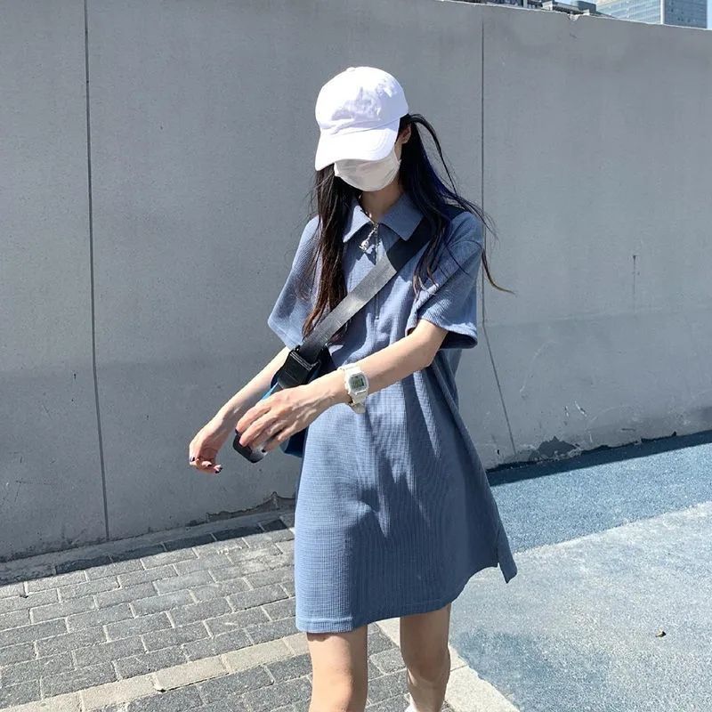 華夫格POLO領直筒洋氣連衣裙2023新款夏季純色簡約減齡短裙女