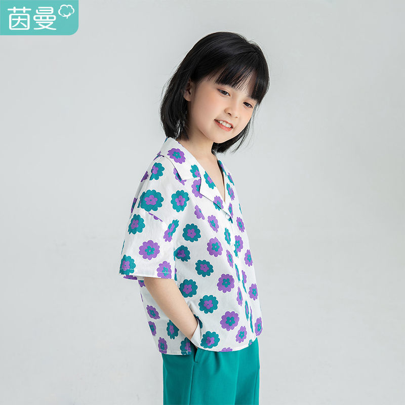 Inman children's clothing girls floral shirt Hong Kong style cotton children's short-sleeved shirt super cool pull sister girl baby top summer