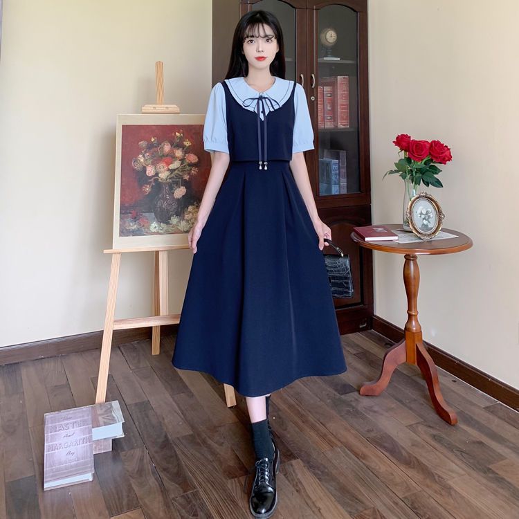 大碼胖mm法式復古拼接假兩件連衣裙女夏季赫本風收腰顯瘦氣質長裙