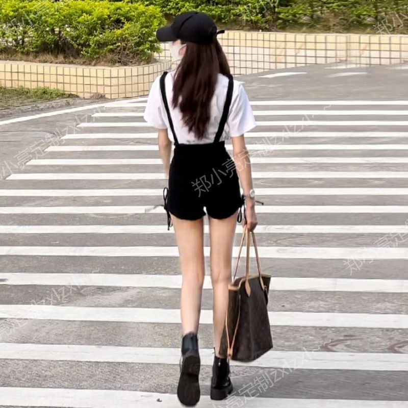 Summer new net red same style small fragrance  single-breasted side drawstring high waist overalls denim shorts women
