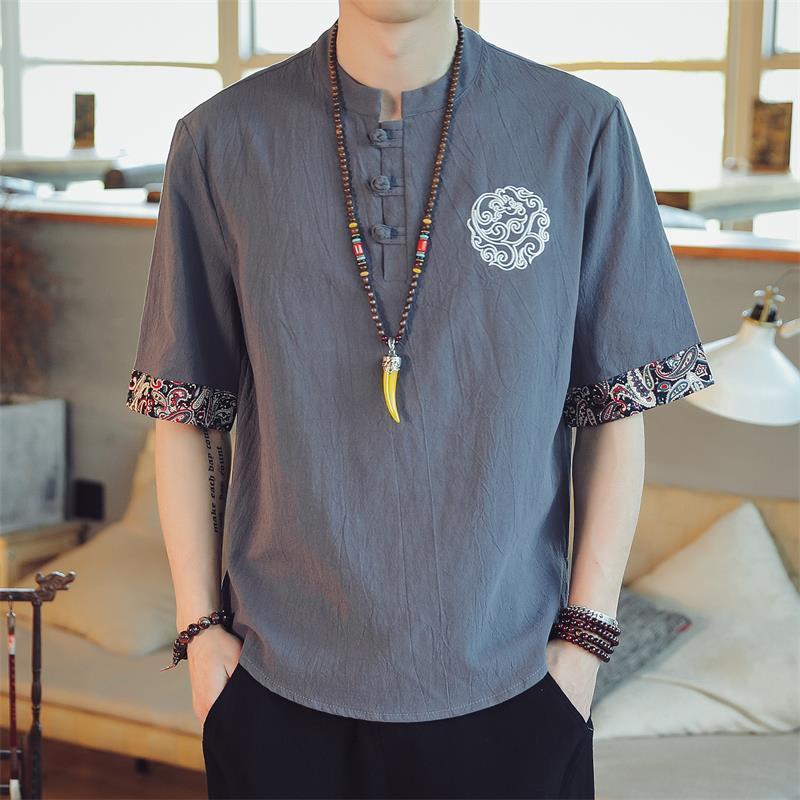 Linen short-sleeved T-shirt men's summer Chinese style tops Chinese style men's Tang suit half-sleeved fat men's large size cotton and linen clothes