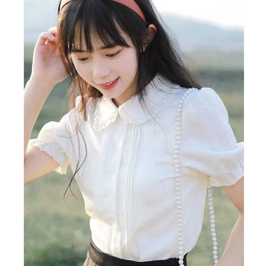 Doll collar white shirt female  summer new design sense niche puff sleeve short-sleeved shirt all-match top