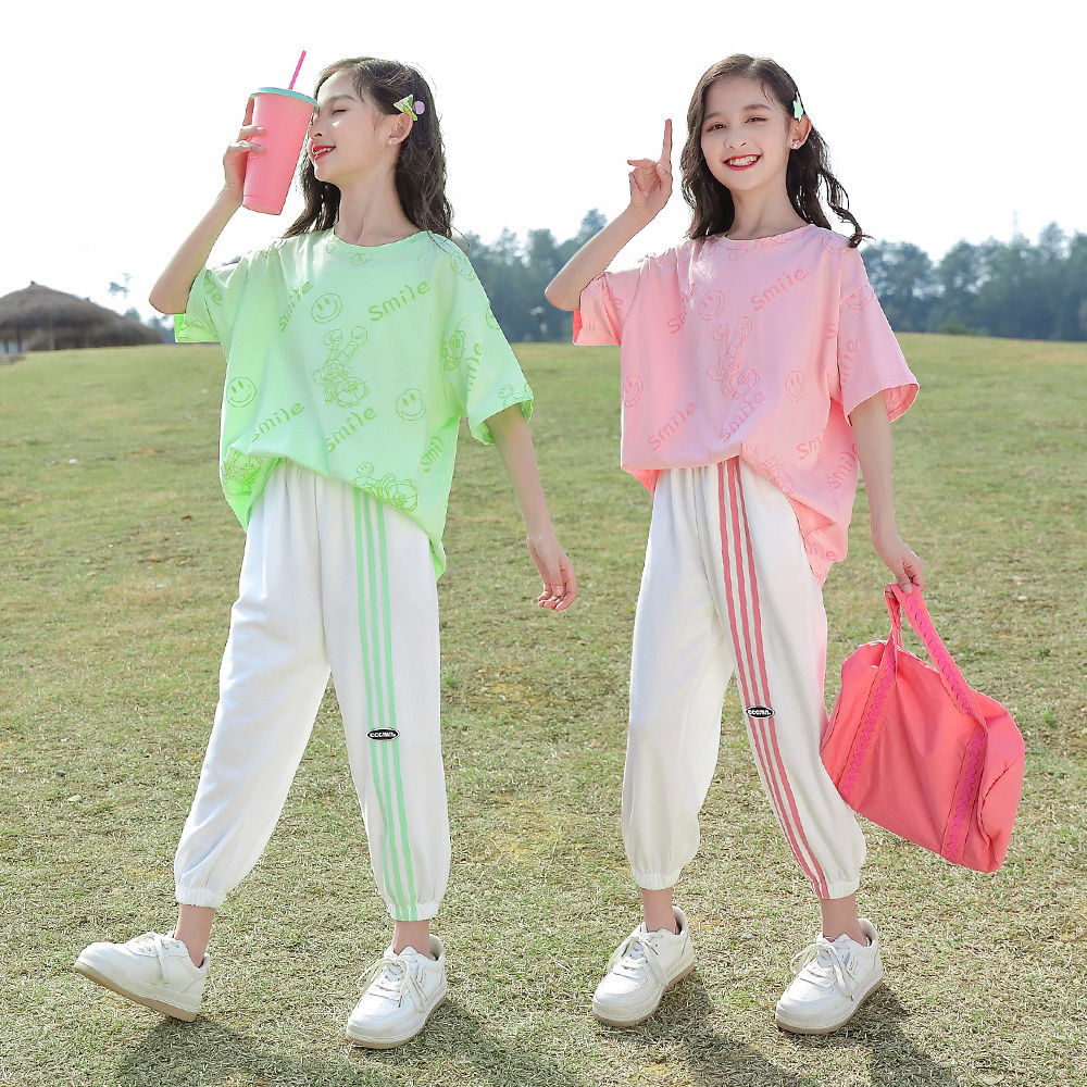 女童夏季套裝2023新款網紅中大兒童裝洋氣短袖女孩夏裝運動兩件套